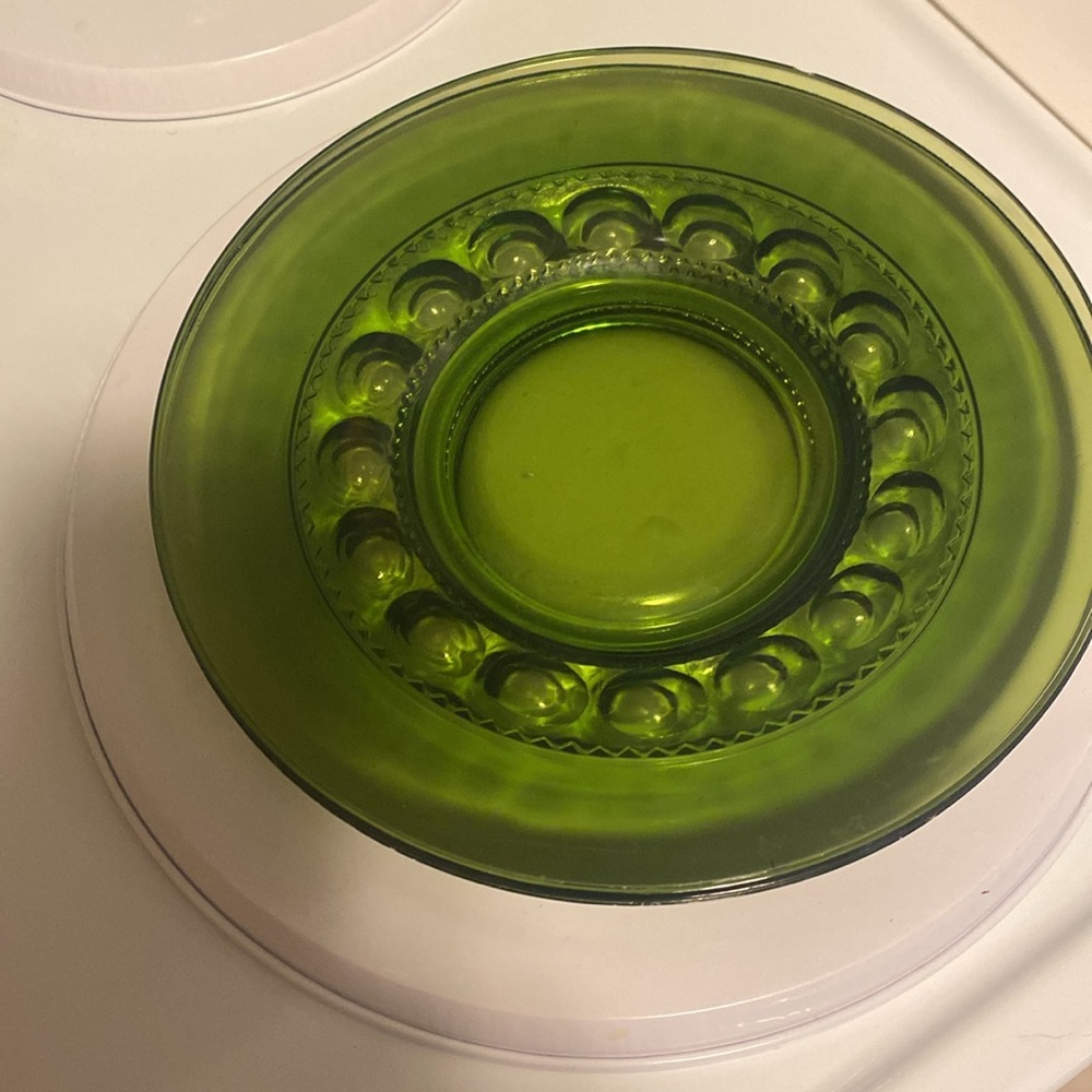 vintage green Indiana Glass King's Crown Thumbprint plate (2)